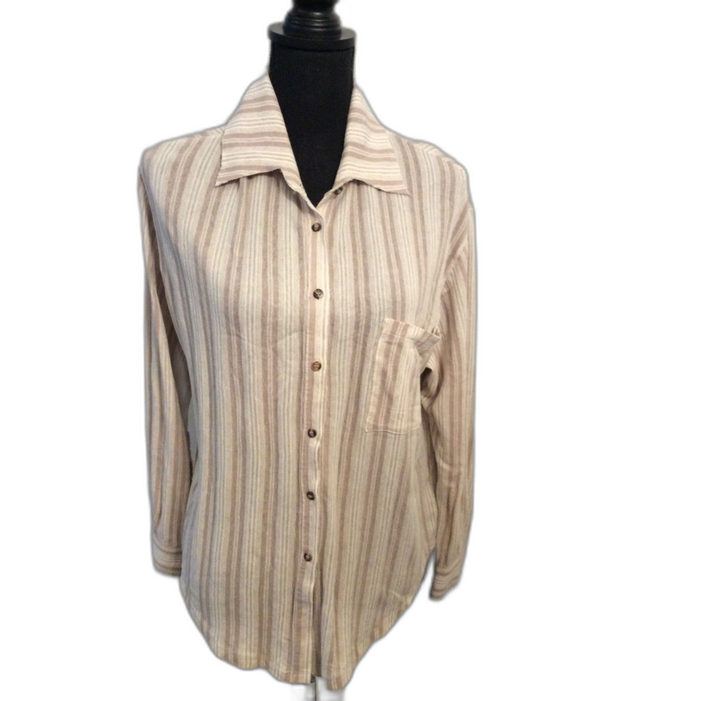 Free People Beach Tan Striped Soft Button Down Top Small S Linen Blend